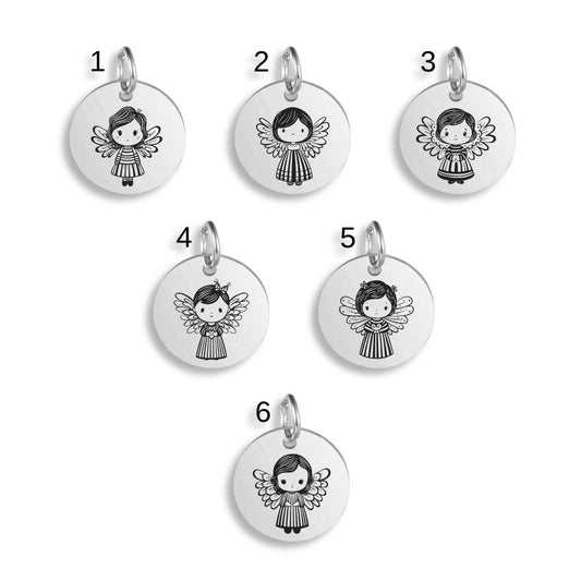 Silver pendants with different Festive Angel designs on a white background