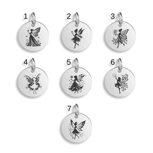 Silver pendants with different Enchanted Fairy designs on a white background