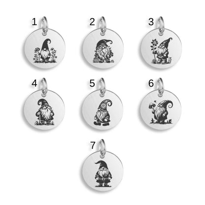 Silver pendants with different Garden Gnome designs on a white background