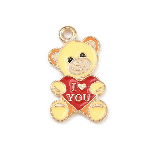 Gold tone bear with red heart charms for necklaces, bracelets and keyrings