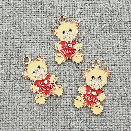 Gold tone bear with red heart charms (10 pack) for jewellery making and craft projects