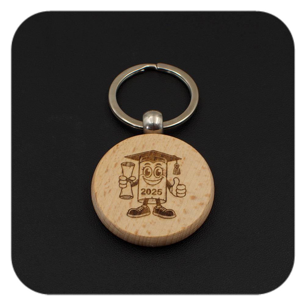 Wooden keyring with Novelty Graduation Diploma 2025 design on black background