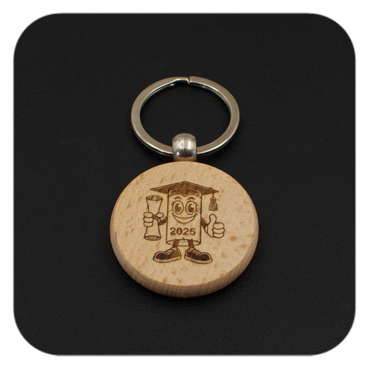 Wooden keyring with Novelty Graduation Diploma 2025 design on black background