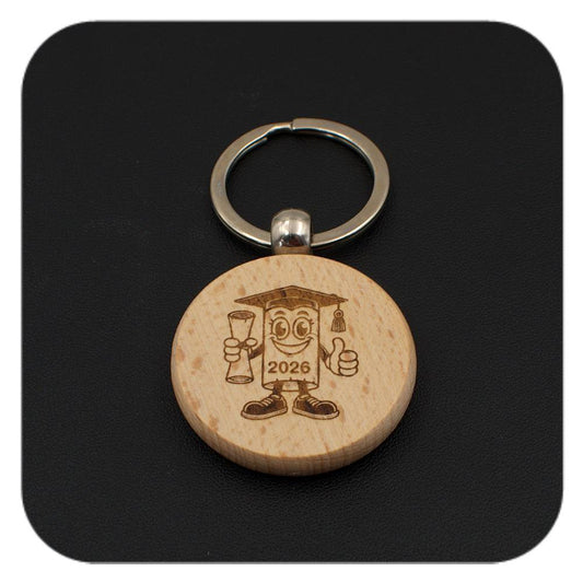 Wooden keyring with Novelty Graduation Diploma 2026 design on black background