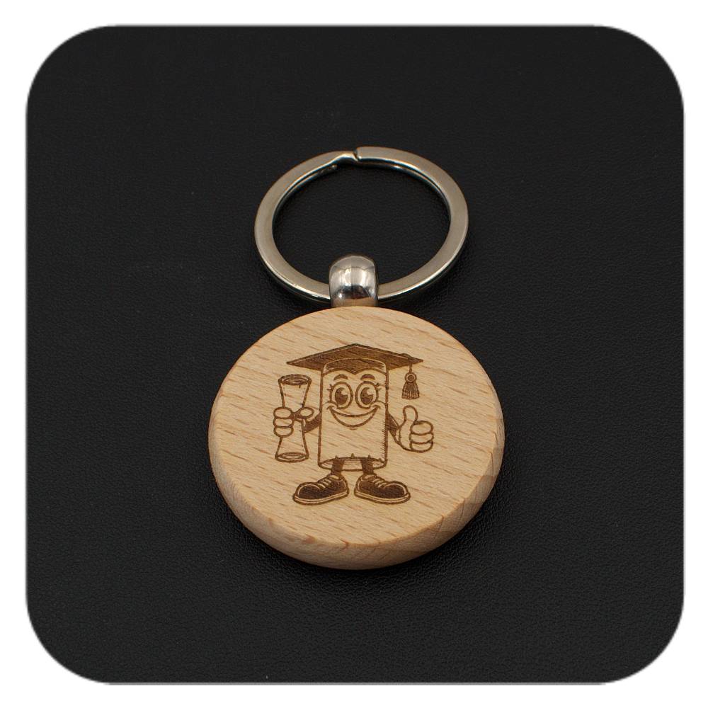 Wooden keyring with Novelty Graduation Diploma design on black background