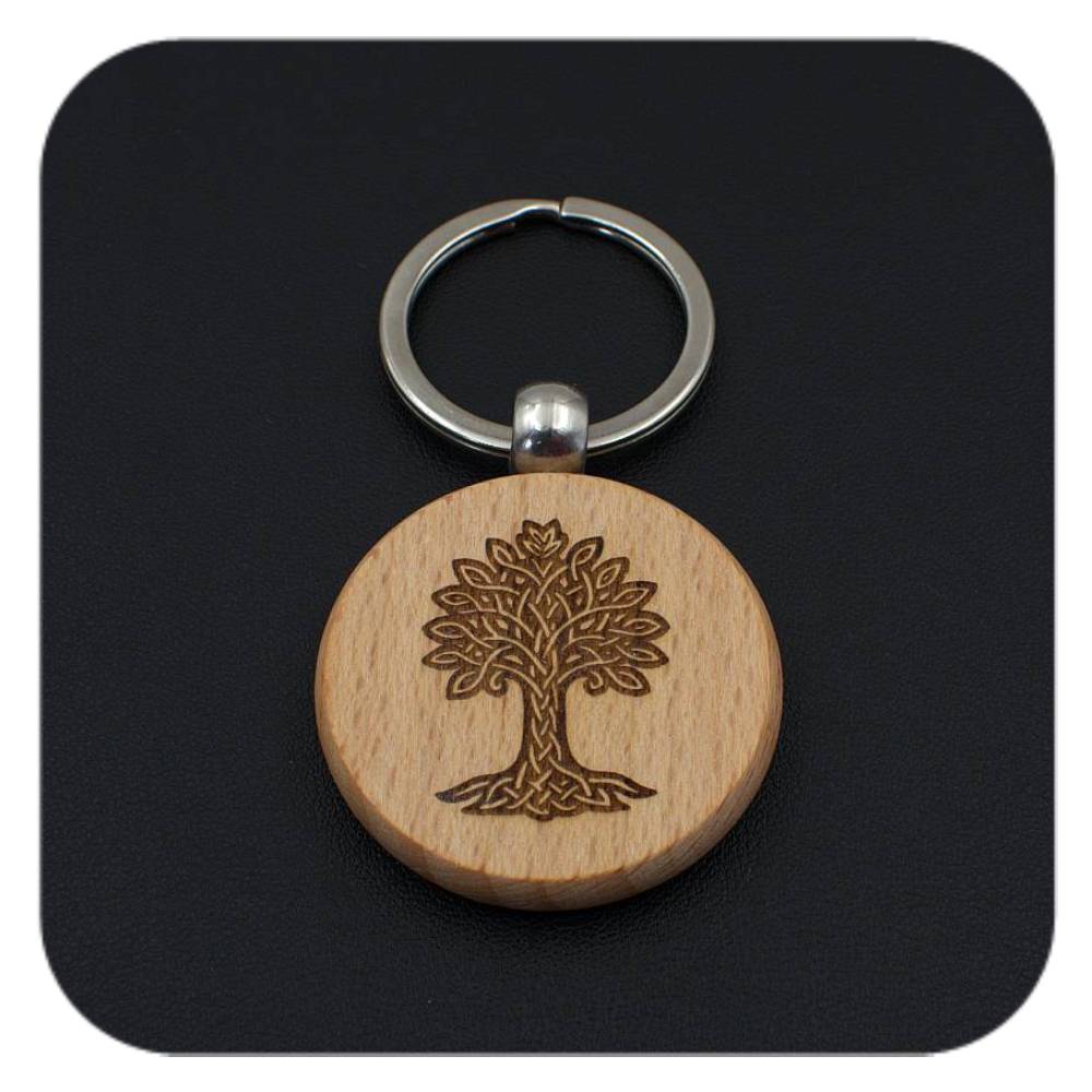 Wooden keyring with Oak Celtic Tree Zodiac design on black background