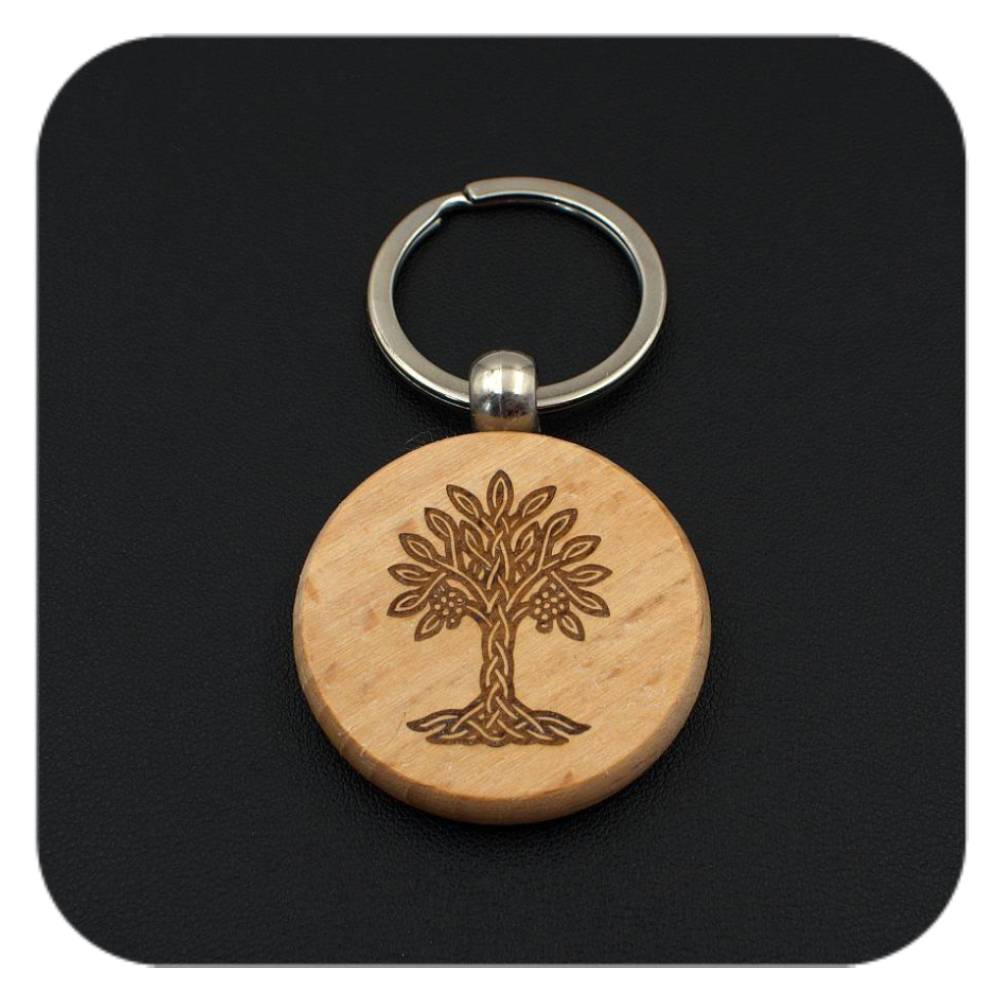 Wooden keyring with Rowan Celtic Tree Zodiac design on black background