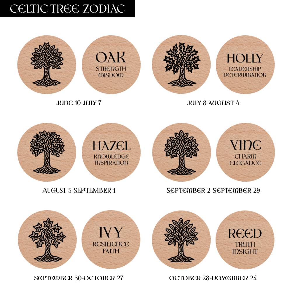 Engraving examples for 6 Celtic Tree Zodiac wooden keyring