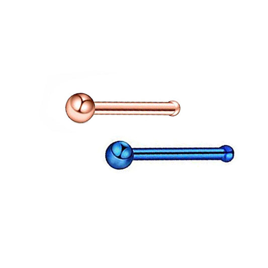 2 Ball Rose Gold Blue Stainless Steel Straight Nose Bone Studs