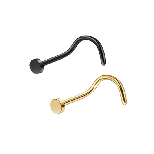 2 Flat Circle Black Golden Stainless Steel Curved Screw Nose Studs