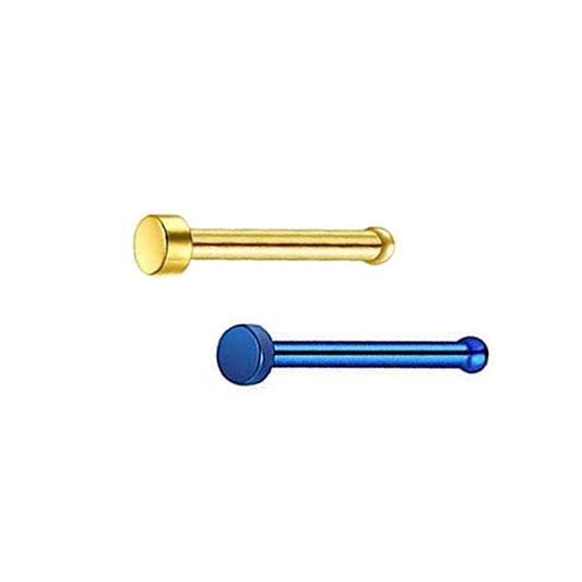 2 Flat Circle Golden Blue Stainless Steel Straight Nose Bone Studs
