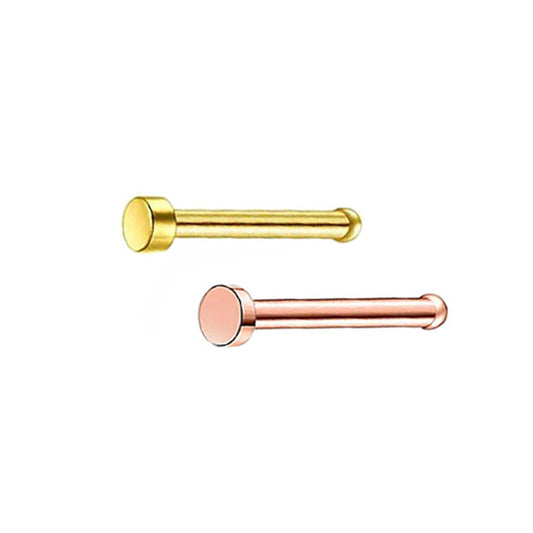 2 Flat Circle Golden Rose Gold Stainless Steel Straight Nose Bone Studs