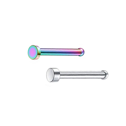 2 Flat Circle Rainbow Silver Stainless Steel Straight Nose Bone Studs
