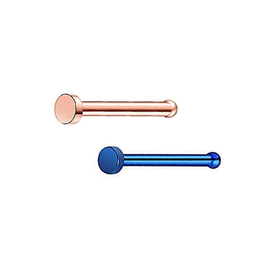 2 Flat Circle Rose Gold Blue Stainless Steel Straight Nose Bone Studs