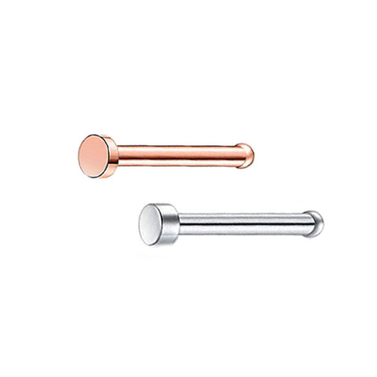 2 Flat Circle Rose Gold Silver Stainless Steel Straight Nose Bone Studs