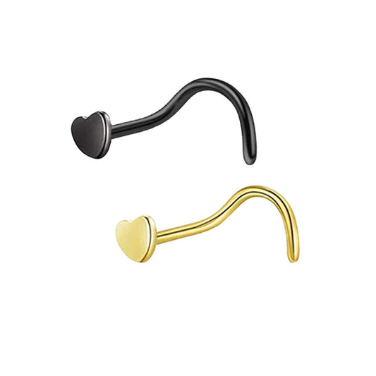 2 Heart Black Golden Stainless Steel Curved Screw Nose Studs