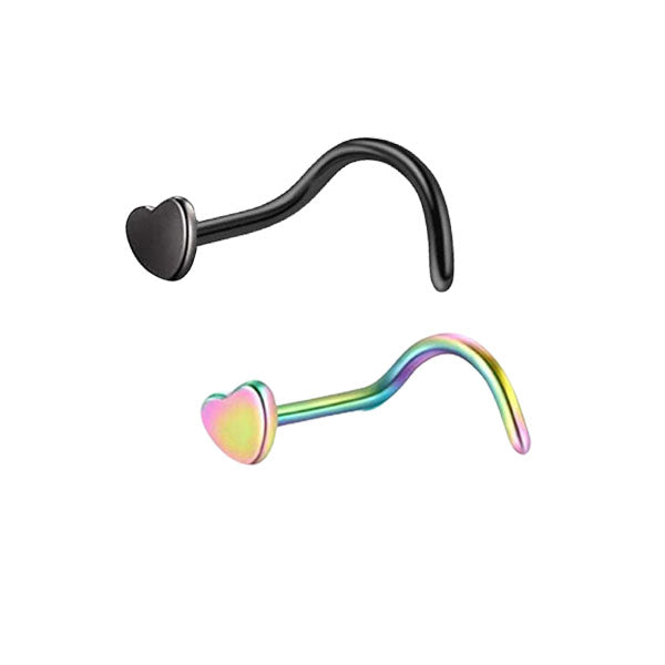 2 Heart Black Rainbow Stainless Steel Curved Screw Nose Studs