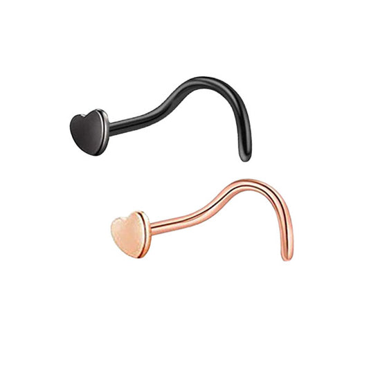 2 Heart Black Rose Gold Stainless Steel Curved Screw Nose Studs