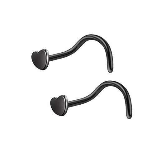 2 Heart Black Stainless Steel Curved Screw Nose Studs