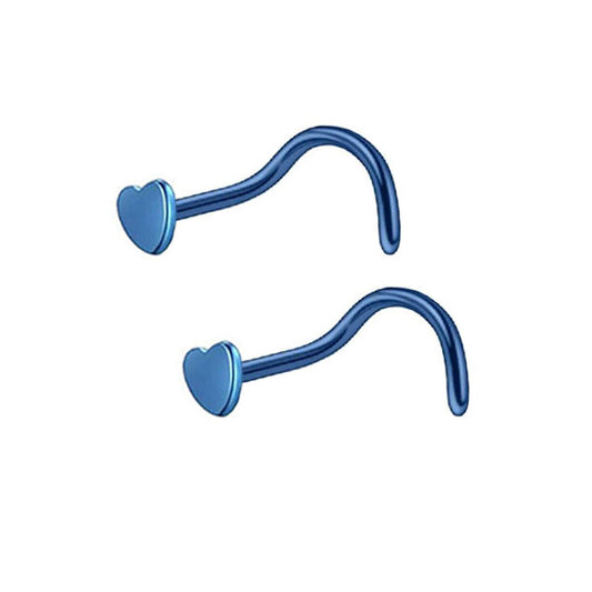 2 Heart Blue Stainless Steel Curved Screw Nose Studs