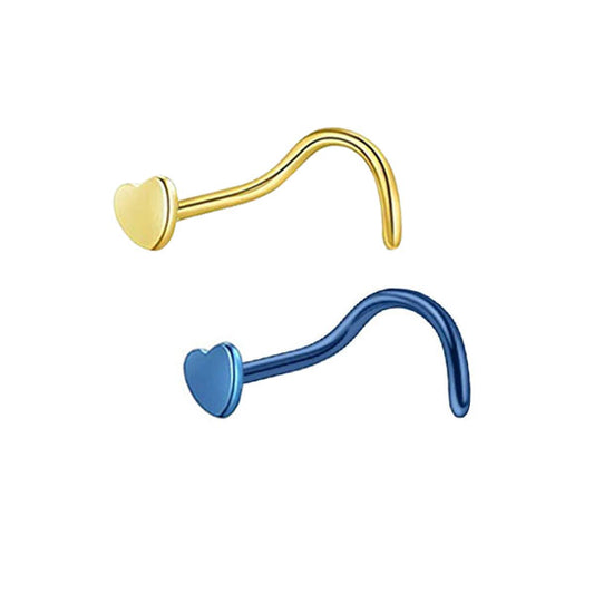 2 Heart Golden Blue Stainless Steel Curved Screw Nose Studs