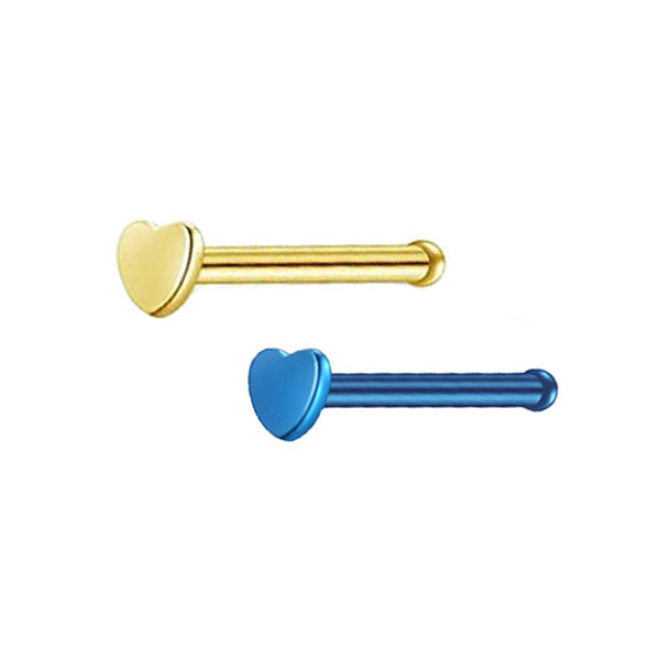 2 Heart Golden Blue Stainless Steel Straight Nose Bone Studs