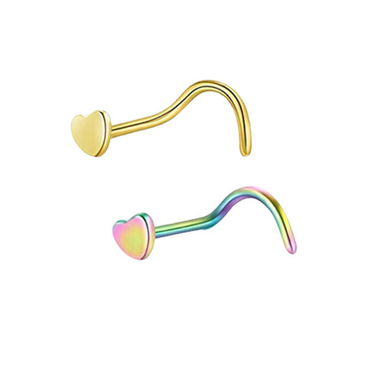2 Heart Golden Rainbow Stainless Steel Curved Screw Nose Studs