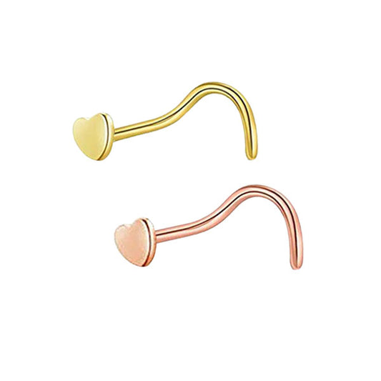 2 Heart Golden Rose Gold Stainless Steel Curved Screw Nose Studs