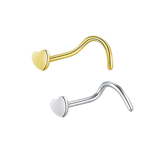 2 Heart Golden Silver Stainless Steel Curved Screw Nose Studs