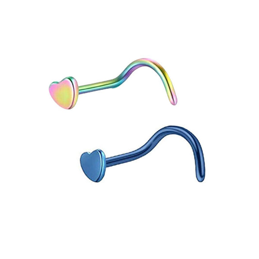 2 Heart Rainbow Blue Stainless Steel Curved Screw Nose Studs