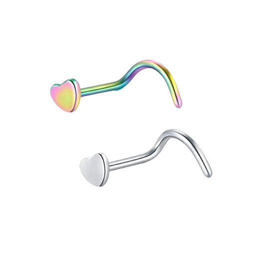 2 Heart Rainbow Silver Stainless Steel Curved Screw Nose Studs