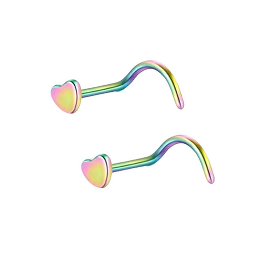 2 Heart Rainbow Stainless Steel Curved Screw Nose Studs