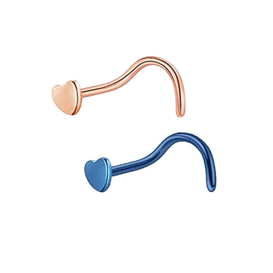2 Heart Rose Gold Blue Stainless Steel Curved Screw Nose Studs