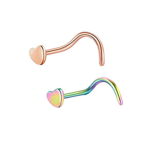 2 Heart Rose Gold Rainbow Stainless Steel Curved Screw Nose Studs