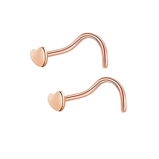 2 Heart Rose Gold Stainless Steel Curved Screw Nose Studs