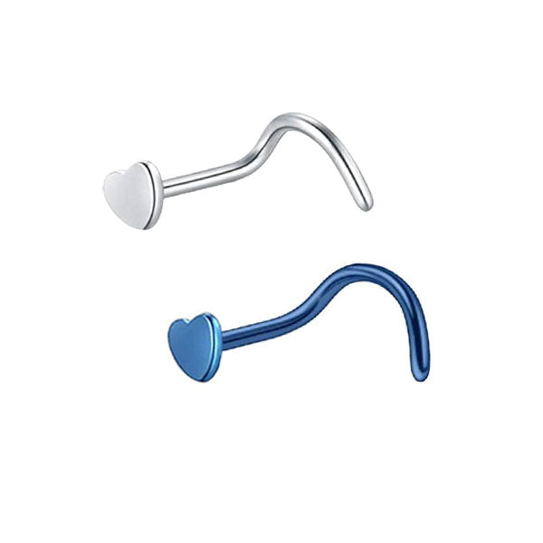 2 Heart Silver Blue Stainless Steel Curved Screw Nose Studs