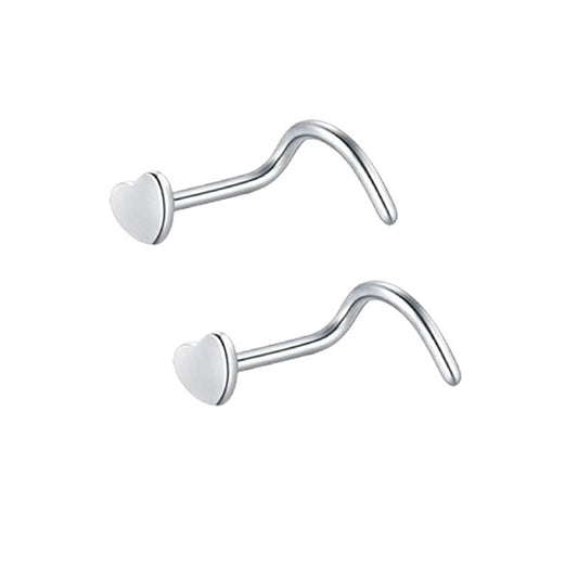 2 Heart Silver Stainless Steel Curved Screw Nose Studs