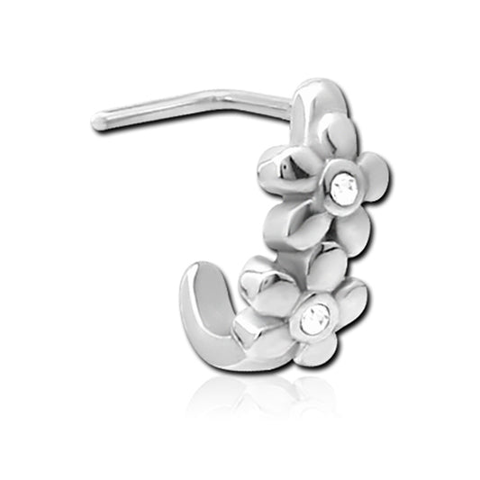 Double Flower Clear CZ Silver Stainless Steel Nose Crawler
