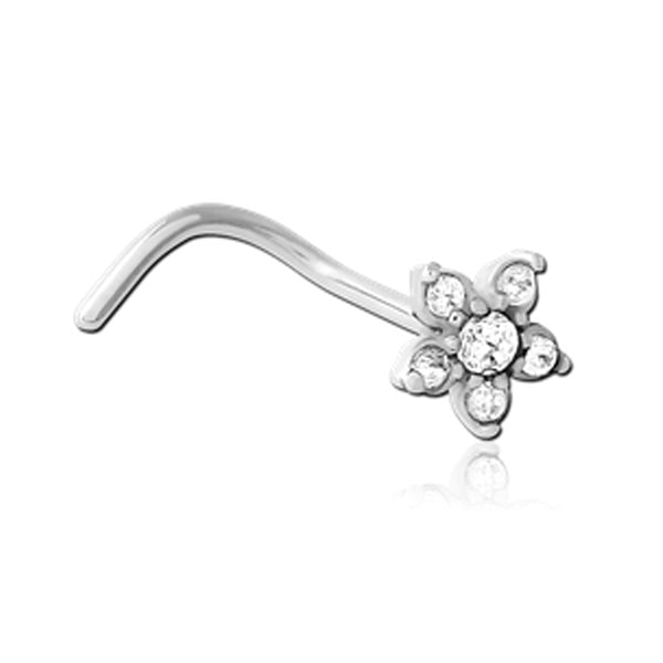 Flower Clear CZ Silver Stainless Steel Curved Screw Nose Stud