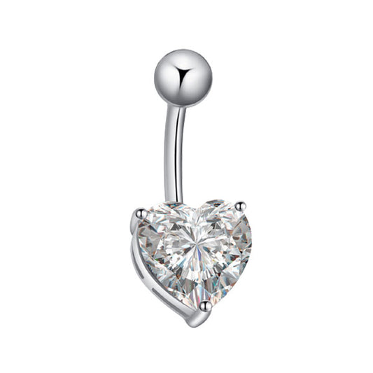 Heart Clear CZ Silver Stainless Steel Belly Bar