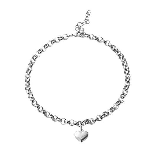 Rolo Chain With Heart Silver Stainless Steel Anklet