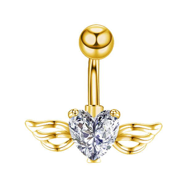 Heart Wings Clear CZ Golden Stainless Steel Belly Bar