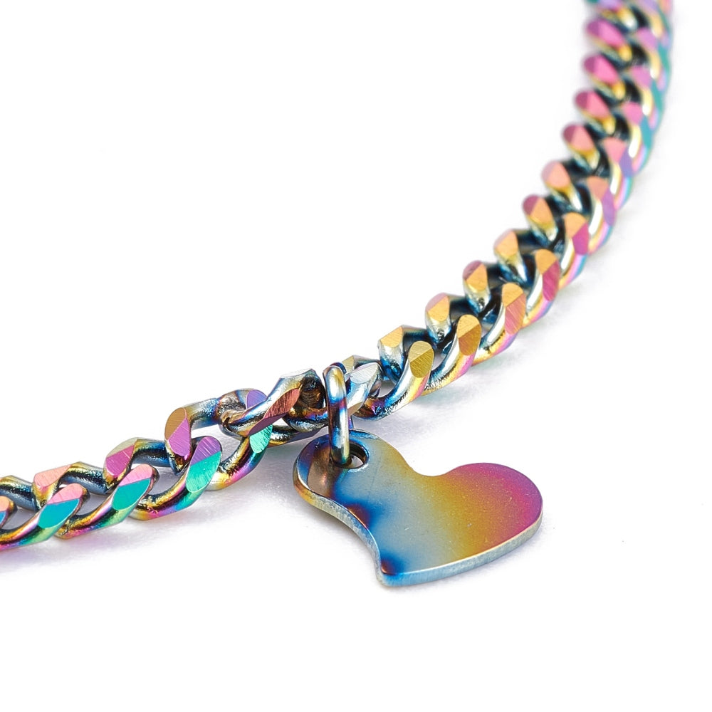 Curb Chain With Hearts Rainbow Stainless Steel Anklet
