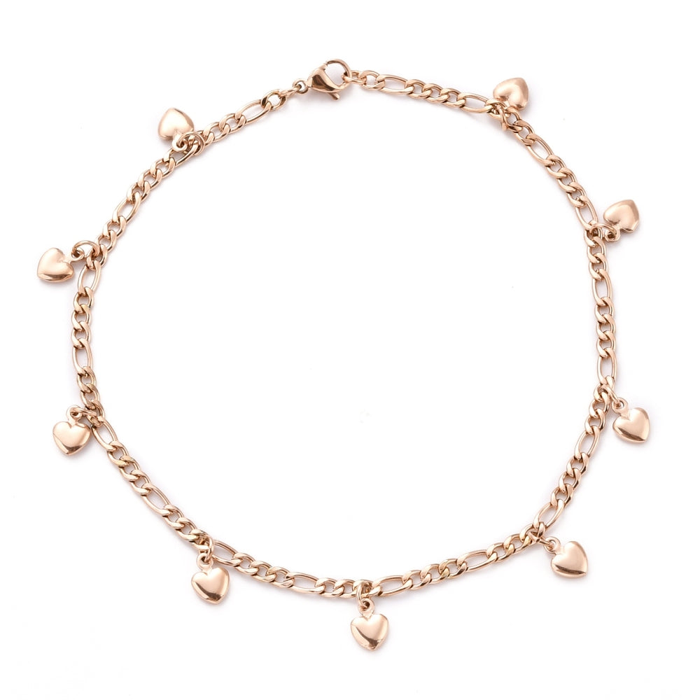 Hearts Figaro Chain Rose Gold Stainless Steel Anklet