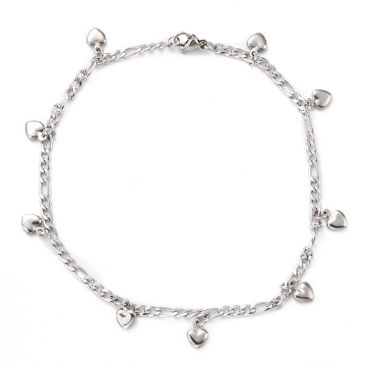 Figaro Chain With Hearts Silver Stainless Steel Anklet