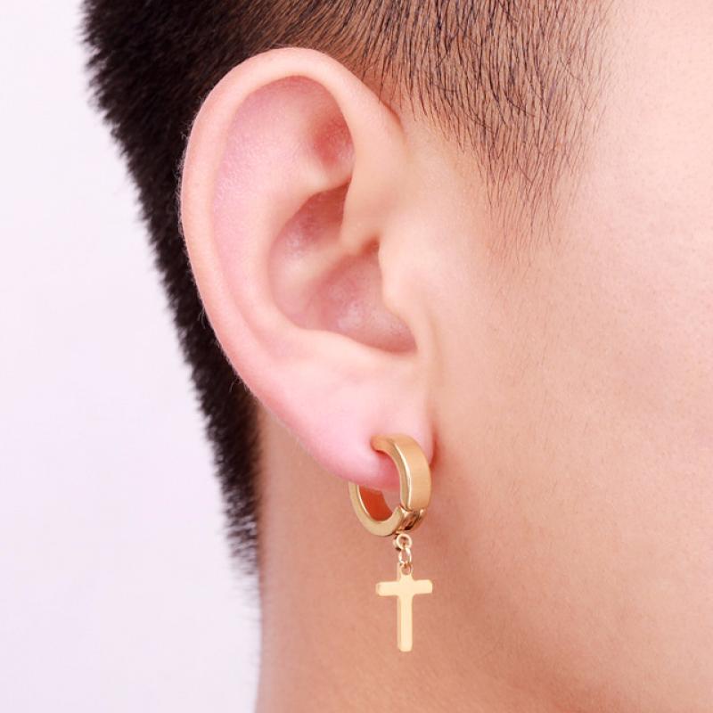 Cross Golden Stainless Steel Huggie Hoop Earrings