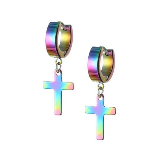 Cross Rainbow Stainless Steel Huggie Hoop Earrings