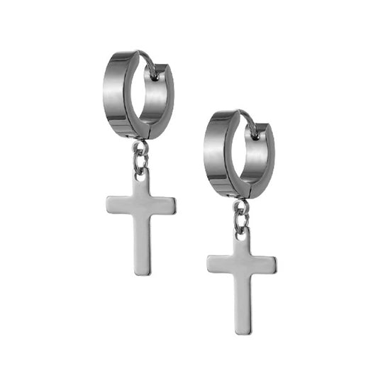 Cross Silver Stainless Steel Huggie Hoop Earrings
