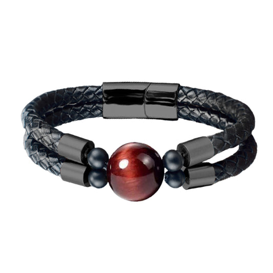 Stainless Steel Red Tiger Eye Gemstone PU Leather Bracelet