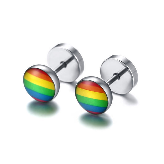 LGBTQ+ Pride Rainbow Silver Stainless Steel Fake Ear Plugs